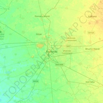 Mapa topográfico Bathinda, altitude, relevo