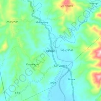 Mapa topográfico Sibagat, altitude, relevo