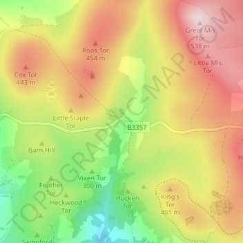 Mapa topográfico Merrivale, altitude, relevo