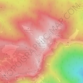 Mapa topográfico Monte Autore, altitude, relevo