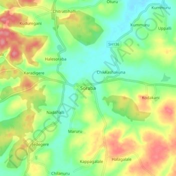 Mapa topográfico Soraba, altitude, relevo