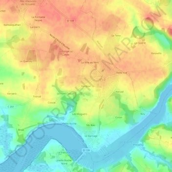 Mapa topográfico Kergour, altitude, relevo