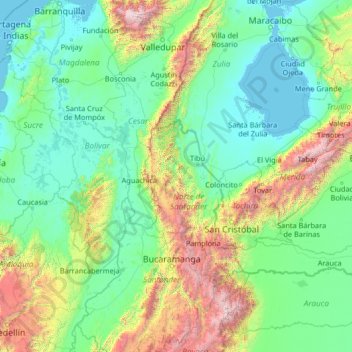 Mapa topográfico Norte de Santander, altitude, relevo