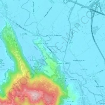 Mapa topográfico Bugano, altitude, relevo