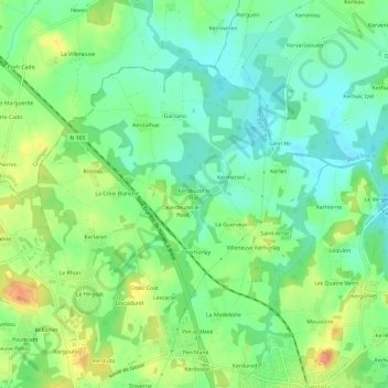 Mapa topográfico Kerdeuzet le Bas, altitude, relevo