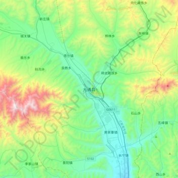 Mapa topográfico 大通县, altitude, relevo
