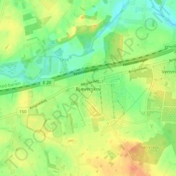 Mapa topográfico Bjæverskov, altitude, relevo