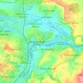 Mapa topográfico Mexborough, altitude, relevo