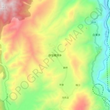 Mapa topográfico 保安藏族乡, altitude, relevo