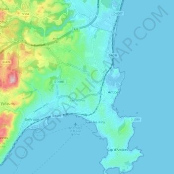 Mapa topográfico Antibes, altitude, relevo