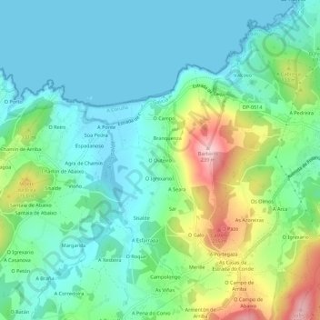 Mapa topográfico O Outeiro, altitude, relevo