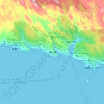 Mapa topográfico Fakfak, altitude, relevo