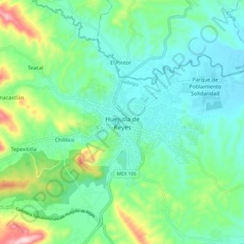 Mapa topográfico Huejutla de Reyes, altitude, relevo