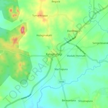 Mapa topográfico Kalaghatagi, altitude, relevo