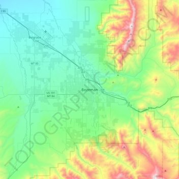 Mapa topográfico Bozeman, altitude, relevo