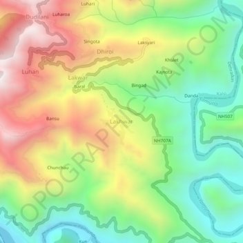 Mapa topográfico Lakhwar, altitude, relevo