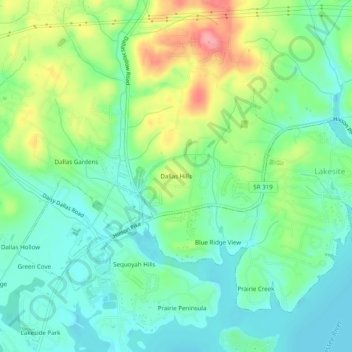 Mapa topográfico Dallas Hills, altitude, relevo