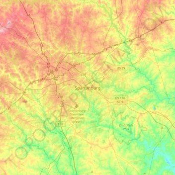 Mapa topográfico Spartanburg, altitude, relevo