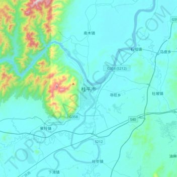Mapa topográfico 桂平市, altitude, relevo