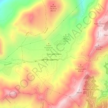 Mapa topográfico Piano dell'Occhio, altitude, relevo