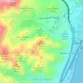 Mapa topográfico Monte Gallo, altitude, relevo