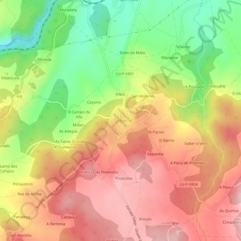 Mapa topográfico Sober, altitude, relevo