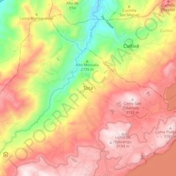 Mapa topográfico Tota, altitude, relevo