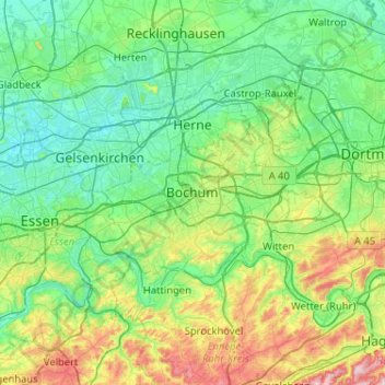 Mapa topográfico Bochum, altitude, relevo