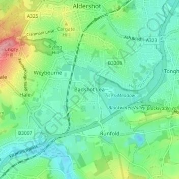 Mapa topográfico Badshot Lea, altitude, relevo