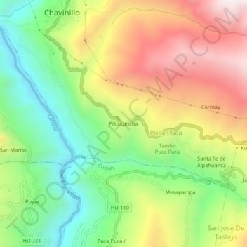 Mapa topográfico Pilcocancha, altitude, relevo