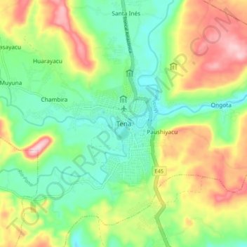 Mapa topográfico Tena, altitude, relevo