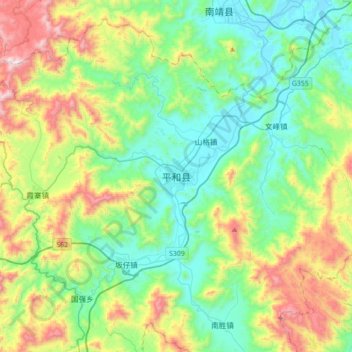 Mapa topográfico 平和县, altitude, relevo