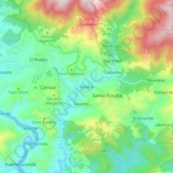 Mapa topográfico Araira, altitude, relevo