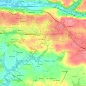 Mapa topográfico Kerdroniou, altitude, relevo