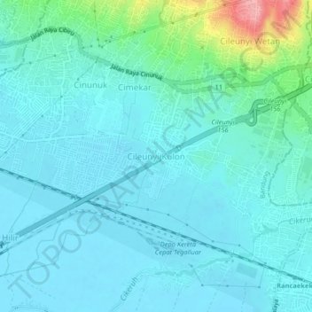 Mapa topográfico Cileunyi Kulon, altitude, relevo