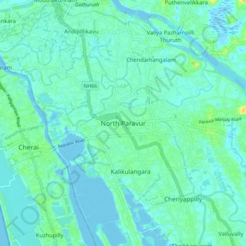 Mapa topográfico North Paravur, altitude, relevo