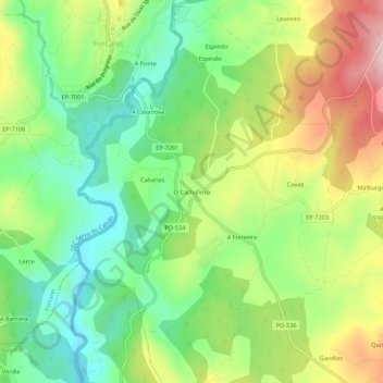 Mapa topográfico O Cachafeiro, altitude, relevo