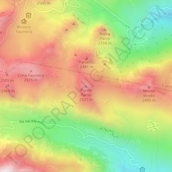 Mapa topográfico Punta Parvo, altitude, relevo