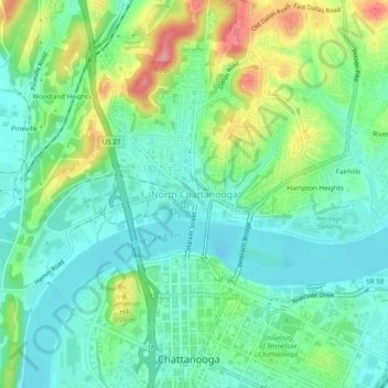 Mapa topográfico North Chattanooga, altitude, relevo