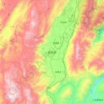 Mapa topográfico 鹤庆县, altitude, relevo