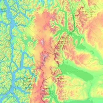 Mapa topográfico Zona Austral, altitude, relevo