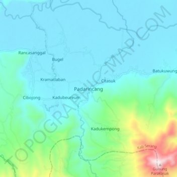 Mapa topográfico Padarincang, altitude, relevo