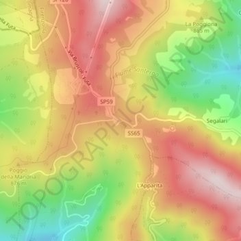 Mapa topográfico Passo della Futa, altitude, relevo