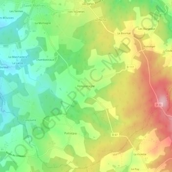 Mapa topográfico Fonsoumagne, altitude, relevo