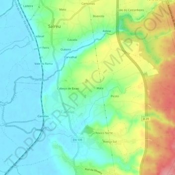 Mapa topográfico Cabeço de Cima, altitude, relevo
