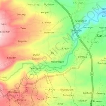 Mapa topográfico Miri, altitude, relevo
