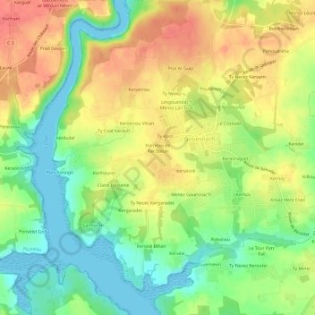 Mapa topográfico Menez Bris, altitude, relevo
