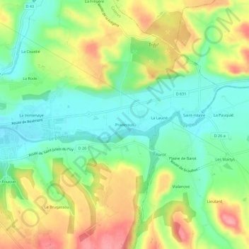 Mapa topográfico Pradessus, altitude, relevo