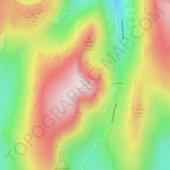 Mapa topográfico Red Screes, altitude, relevo