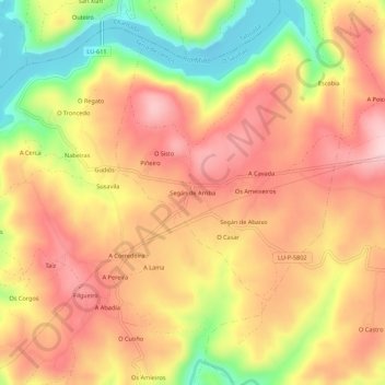 Mapa topográfico Segán de Arriba, altitude, relevo